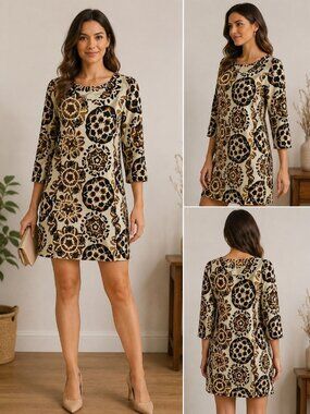 Tree By Dotori Womens Floral Print Dress 3/4 Sleeves  Cream-Brown Xsmall